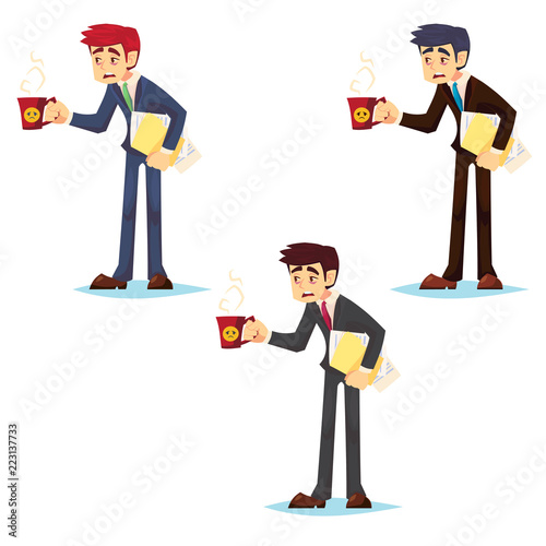 Work week emotive concept. Sleepy and tired man in suit with coffee and file folder flat vector cartoon illustration. Monday awful mood. Office worker Monday morning syndrome