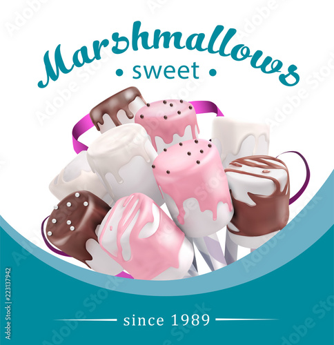 Fresh and delicious pink, white marshmallow.  Design elements for marshmallow packaging. Vector illustration.