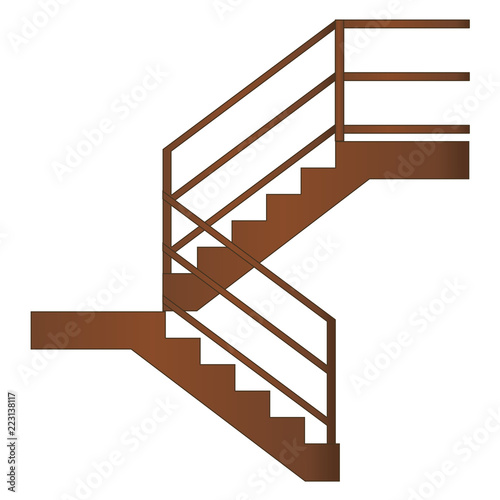 Wooden staircase with handrails and steps, realistic vector on a white background.