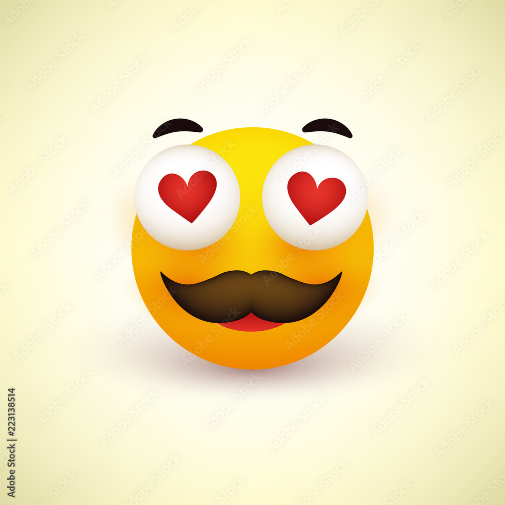 Fototapeta premium Smiling Face With Heart Shaped Eyes and Mustache on Yellow Background - Vector Design