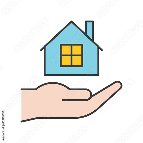 hand holding house, insurance,loan,  bank and financial related icon, filled outline editable stroke