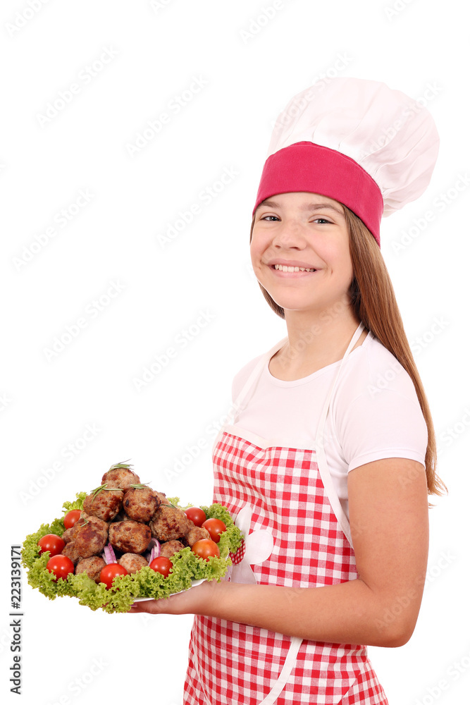 happy little girl cook with meatballs on plate happy little girl cook with meatballs on plate