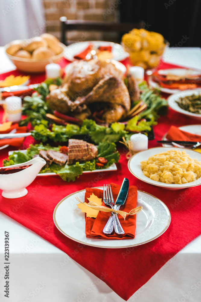 beautiful thanksgiving table with various tasty dishes