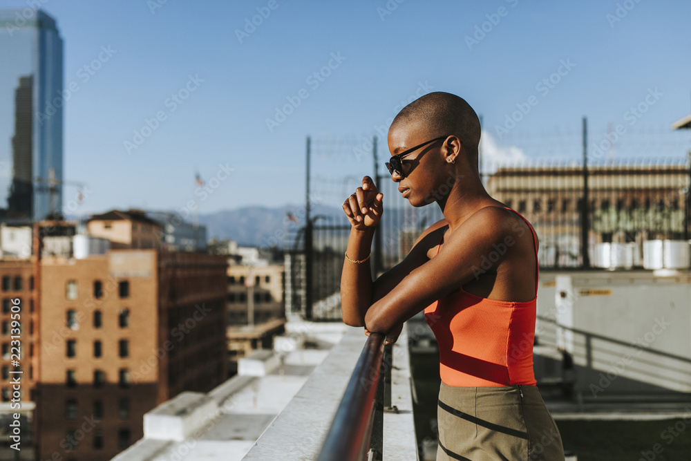 Skinhead girl at a LA rooftop