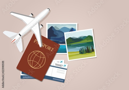 Plane model with travel instant photographs, passports and tickets. Travel concept