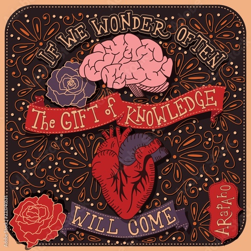If we wonder often the gift of knowledge will come inspirational quote, handlettering design with decoration, native american proverb