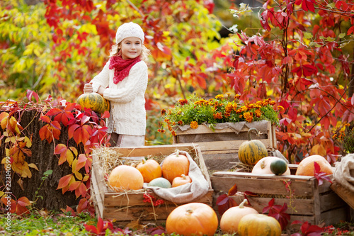Принти на полотні Cute little girl playing with pumpkins in autumn park