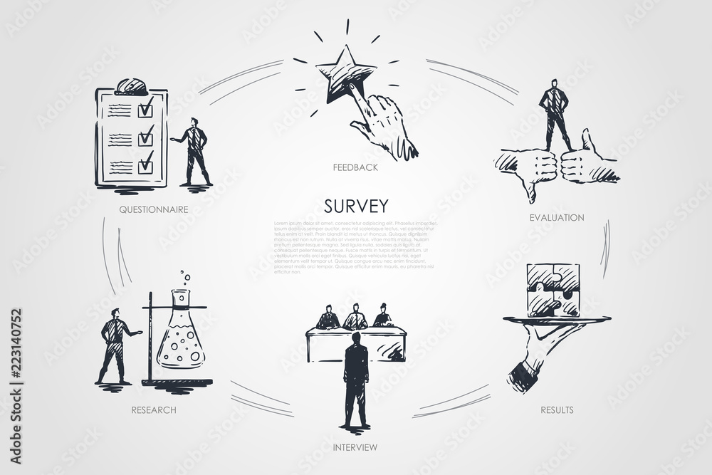 Survey, results, interview, research, feedback concept vector Survey, results, interview, research, feedback concept vector