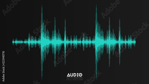 Vector echo audio wavefrom. Abstract music waves oscillation. Futuristic sound wave visualization. Synthetic music technology sample. Tune print with bars.