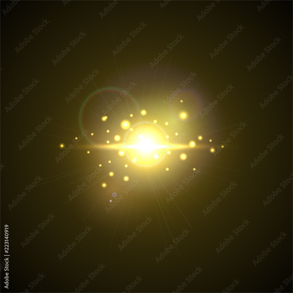 Yellow Flash with rays and spotlight. Realistic light glare, high loth, star glow. Lens flare