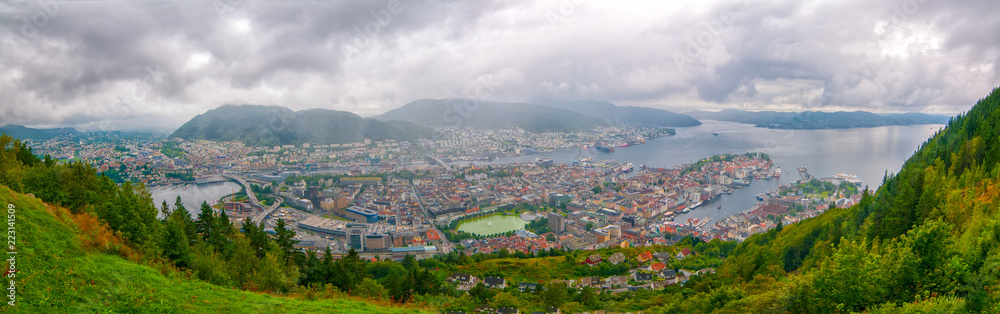 Aerial view of Bergen, Norway. Panoramic view of city center, Vagen harbor and Puddefjorden