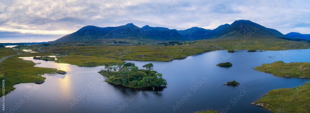 Aerial panorama of the Pine Trees Island in the Derryclare Lake