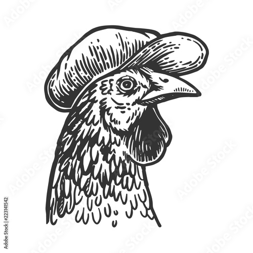 Chicken bird in flat cap engraving vector illustration. Scratch board style imitation. Black and white hand drawn image.
