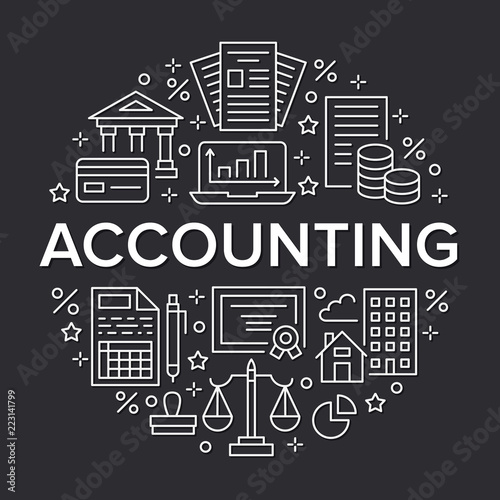 Financial accounting circle poster with flat line icons. Bookkeeping brochure concept, tax optimization, loan, payroll, real estate crediting. Accountancy, finance thin linear signs for legal services