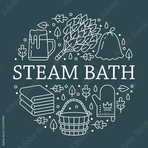 Sauna, steam bath room banner illustration with flat line icons. Bathroom equipment birch, oak broom, bucket, beer. Finnish, russian banya. Circle template thin linear signs spa poster.