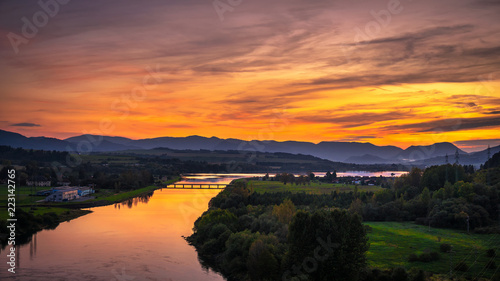 Sunset over a river in Slovakia