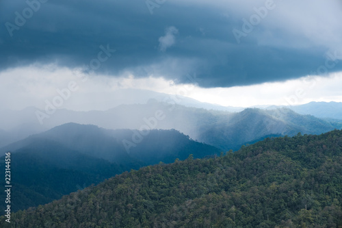 Landscape image of greenery rainforest hills on rainy day with cloudy sky background © Farknot Architect