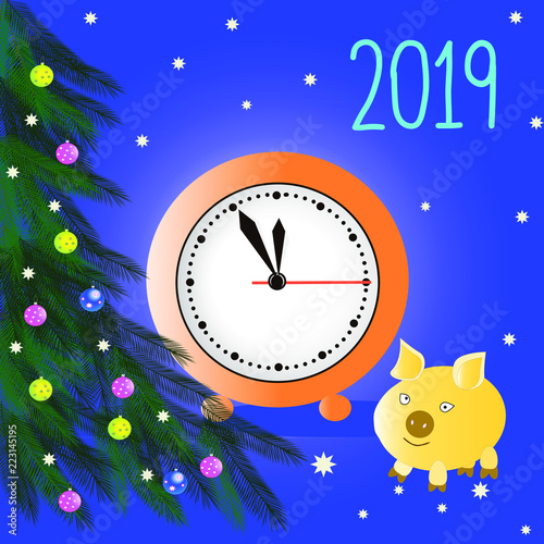 Merry Christmas and Happy New Year! Branches of a New Year tree. Multicolored christmas balls. Orange clock, black arrows. Symbol of the year 2019 - a yellow pig. A drawing on a blue sky background. 