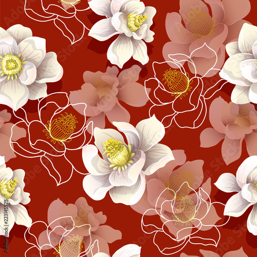 Seamless pattern with magnolia flowers on a red background. Vector illustration.