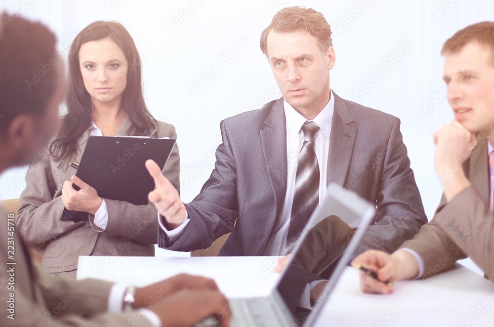 businessman holds working meeting with employees businessman holds working meeting with employees