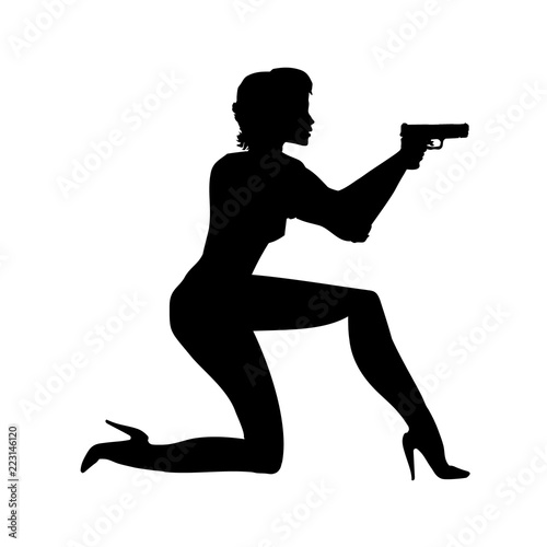Silhouette girl in an action movie film shootout pose with a gun sit. Silhouette Woman, lady vector illustration of spy. Person a shoot