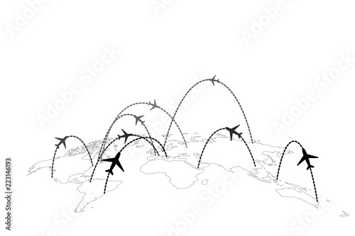 Airline routes with planes on gray world map in perspective isolated on white