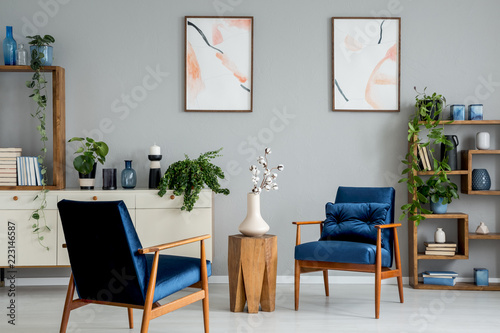 Wooden table with flowers between blue armchairs in grey interior with posters and plants. Real photo © Photographee.eu