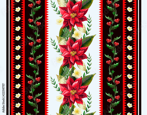 Christmas seamless border with flowers poinsettia, holly berry and firs. Vector.