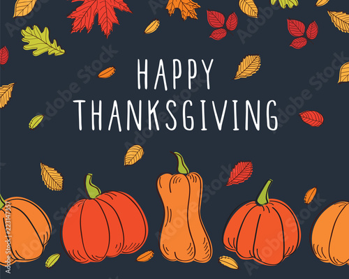 Happy Thanksgiving Day card. Background with autumn leaves and pumpkins. Vector illustration.
