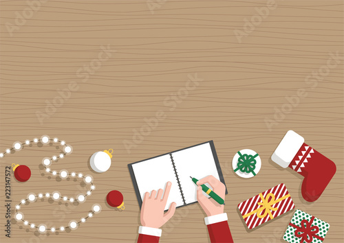 Conceptual horizontal Christmas flat banner. Santa Claus workshop, top view. Santa's hands make up a list of gifts in notebook, gifts, Christmas toys and garland on table, vector