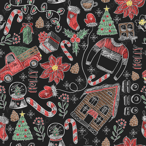 Seamless pattern with  Christmas  elements painted colored chalk on blackboard. Vector.