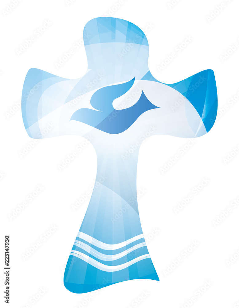 Christian Cross Baptism Symbol With Waves Of Water And Dove Religious 