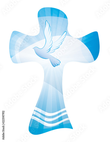 Baptism christian cross - waves of water and dove. Multiple.exposure.Blue background