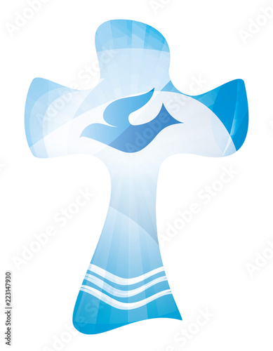 Christian cross baptism symbol  with waves of water and dove. Religious sign. Multiple.exposure