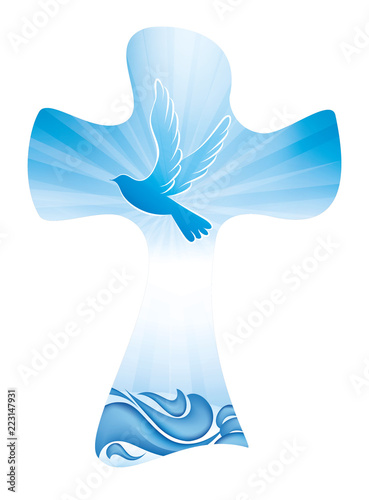 Christian cross baptism symbol with dove and waves of water on blue background