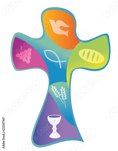 Colorful christian cross with chalice grapes bread and wheat ear