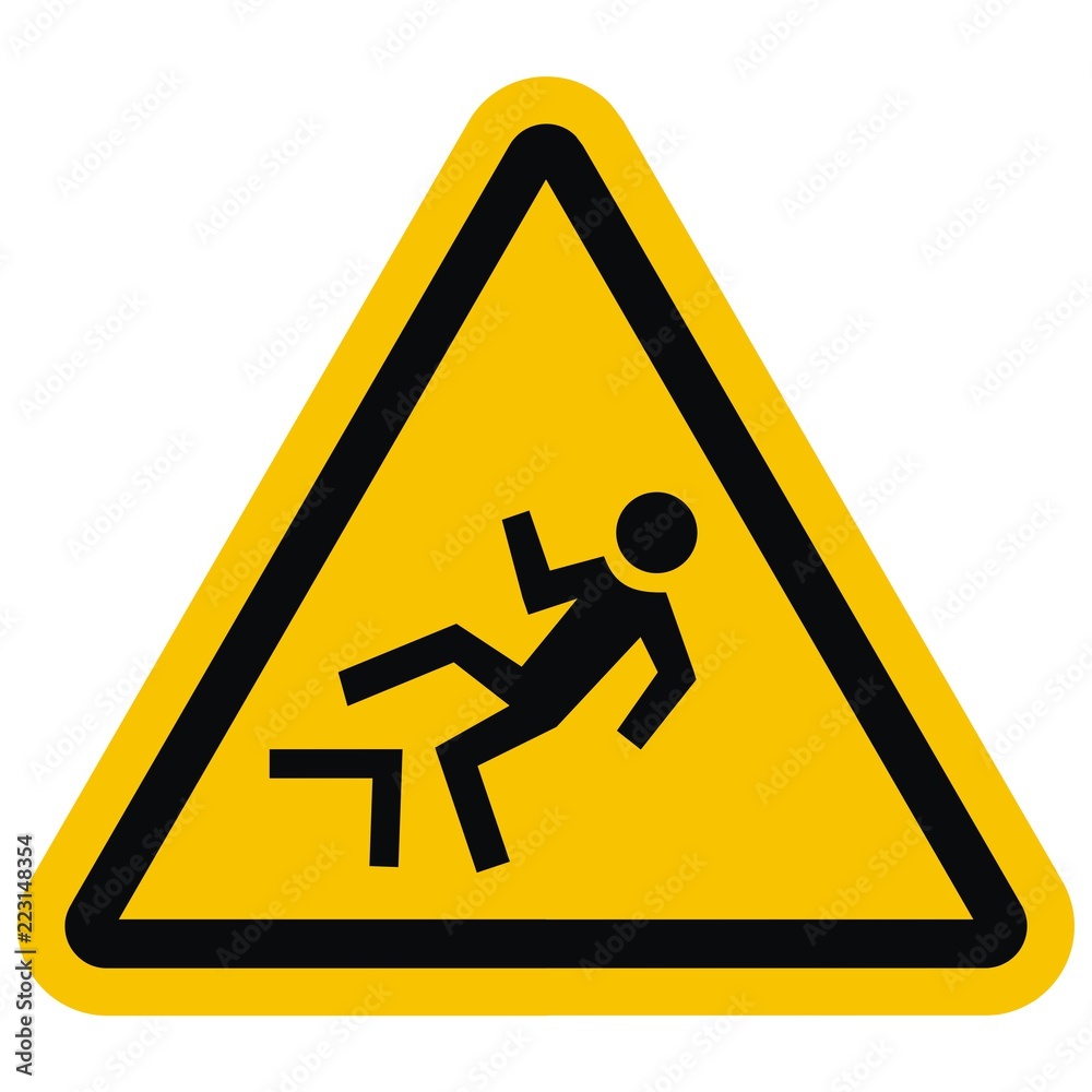 Warning signs. Danger of falling from a height. Yellow triangle board. Black silhouette of man. The male falls from a height. Isolated business object. Warning signs. Danger of falling from a height. Yellow triangle board. Black silhouette of man. The male falls from a height. Isolated business object.