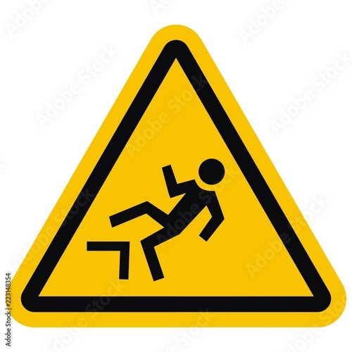 Warning signs. Danger of falling from a height. Yellow triangle board. Black silhouette of man. The male falls from a height. Isolated business object.