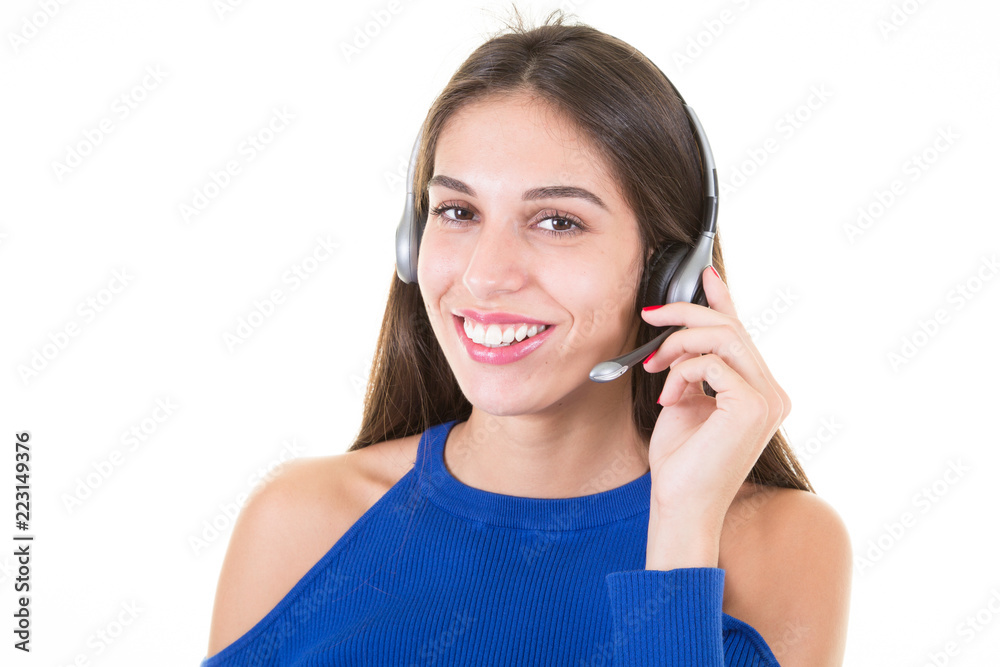 smile beauty support phone operator in headset isolated on white smile beauty support phone operator in headset isolated on white
