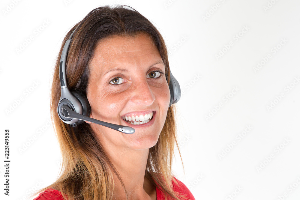 smile happy call center operator with headset Isolated over white background smile happy call center operator with headset Isolated over white background