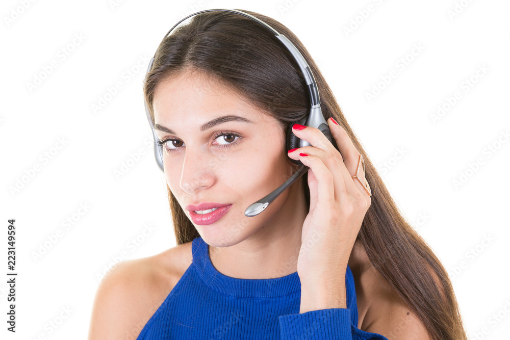 Smiling call center woman employees with their headset Smiling call center woman employees with their headset