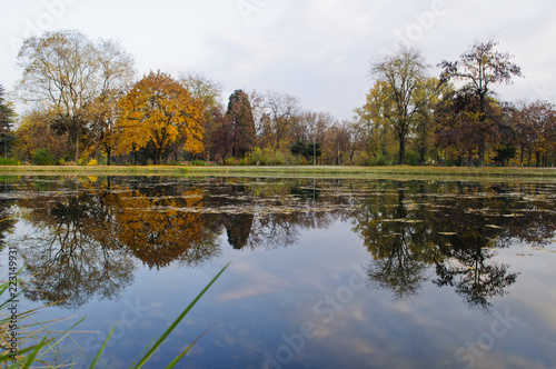 Beautiful autumn park with colorful trees and leaves and reflection in artificial ponds.