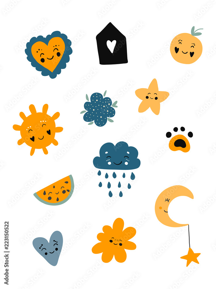 Poster cute set Scandinavian kids cartoon characters: arrows, feather, branch leaf hearts stars in black blue yellow colors. White background isolated. Vector illustration. Yellow, blue, black colors. Poster cute set Scandinavian kids cartoon characters: arrows, feather, branch leaf hearts stars in black blue yellow colors. White background isolated. Vector illustration. Yellow, blue, black colors.