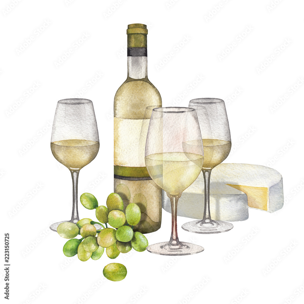 Three watercolor glasses of white wine, bottle, white grapes and cheese. Three watercolor glasses of white wine, bottle, white grapes and cheese.