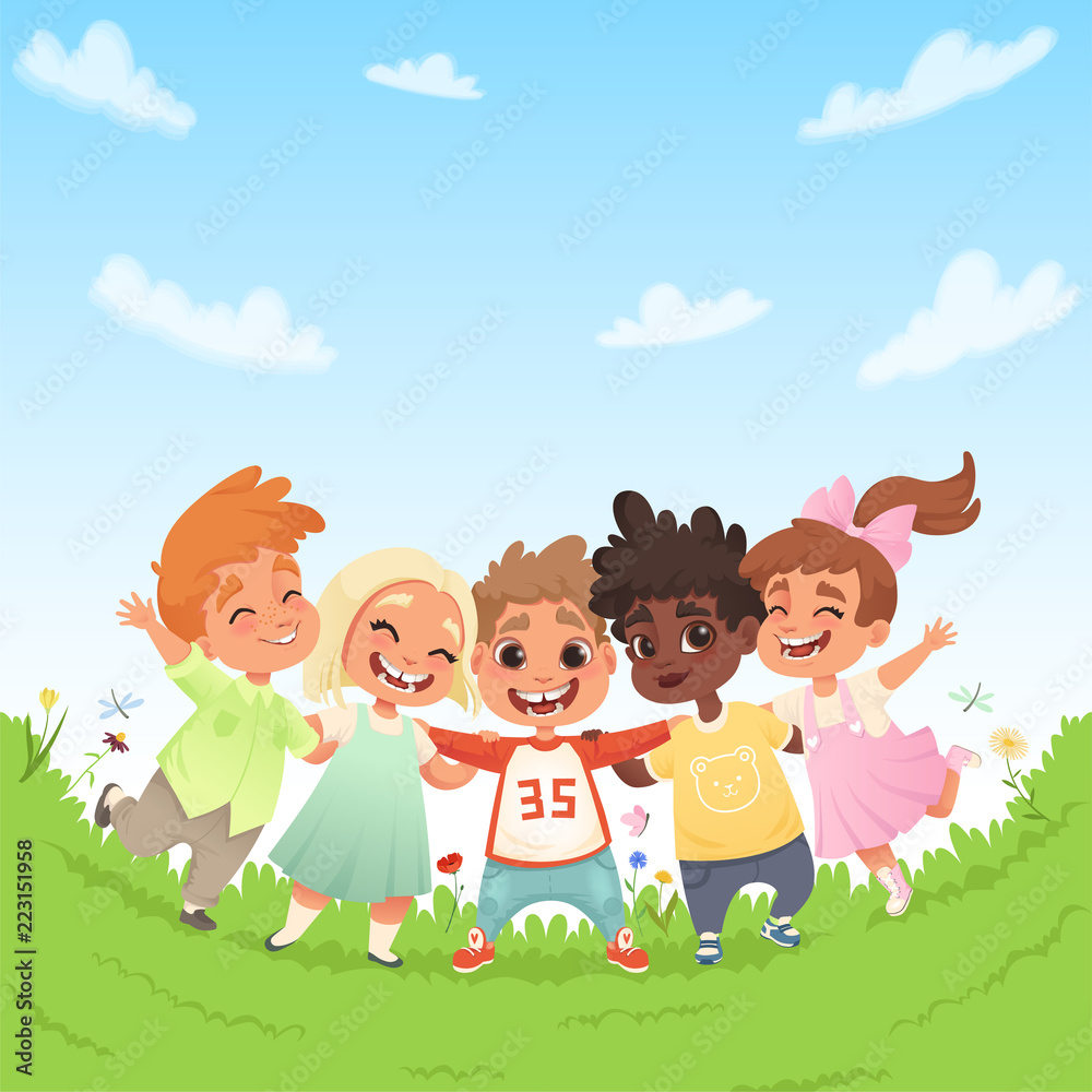 Group of happy joyful children on a green glade and the background of blue sky with clouds. Vector illustration