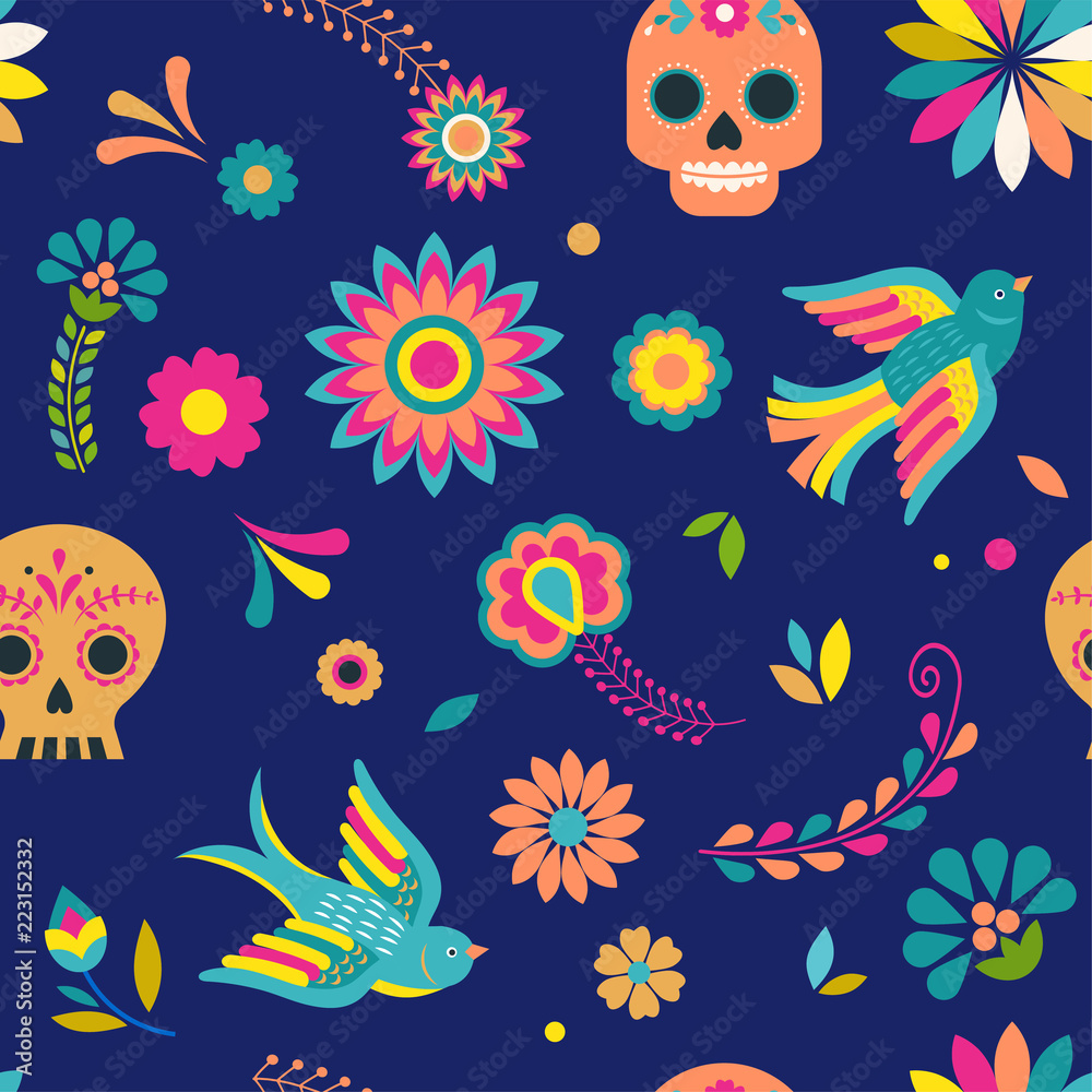 Day of the dead, Dia de los muertos background and seamless pattern