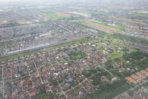 Top view of city from aerial photos. Housing estate landscape.