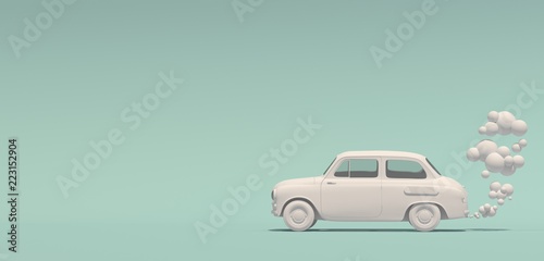Banner with a passenger white monochrome retro car with an exhaust gas in a cartoon style. Isolated on a turquoise background. 3D rendering.