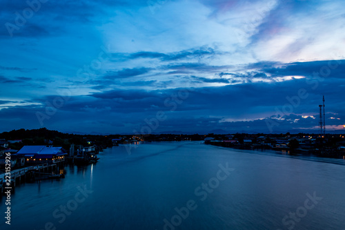 Sunset view of the city and the river.