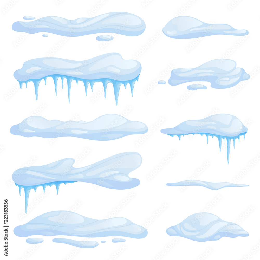 Set snowdrifts in different shapes and sizes. Drifts with icicles. Vector illustration